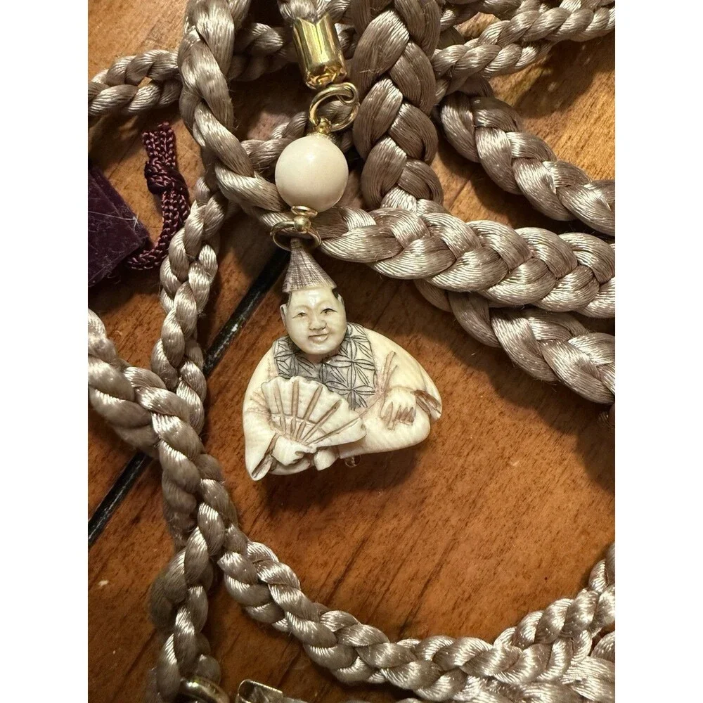 Vintage Japanese Netsuke Man Holding Fan Signed Very Long Cord Braided